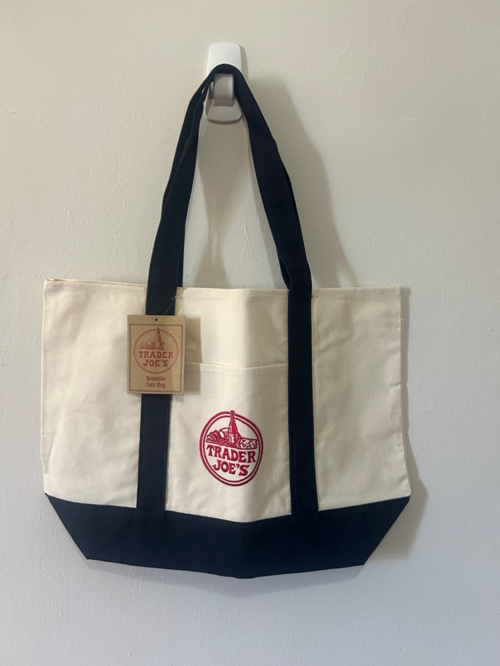 Trader Joe's Canvas Tote Bag - Cream and Black with Red Logo NWT